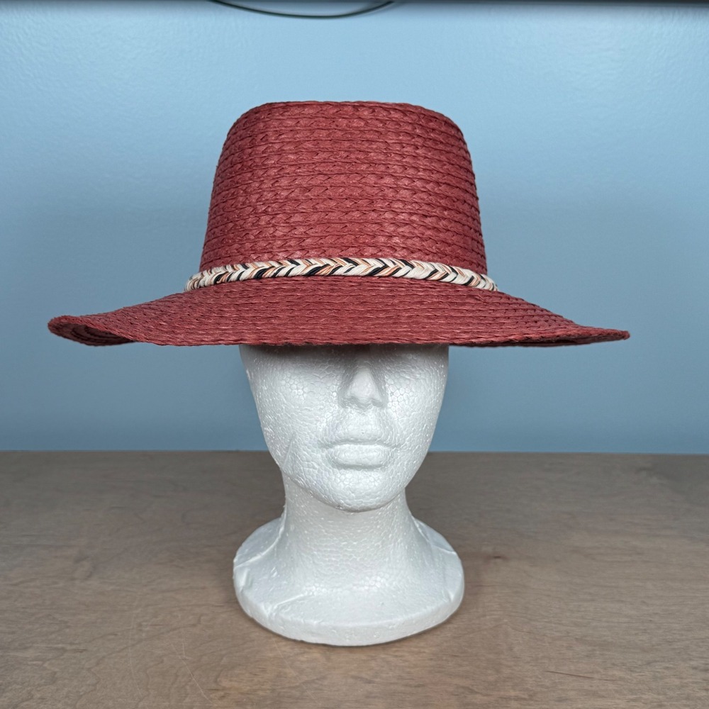 Frye and Co. Tall Crown Fedora Women S/M Redwood Woven Paper Straw Braided Band‎